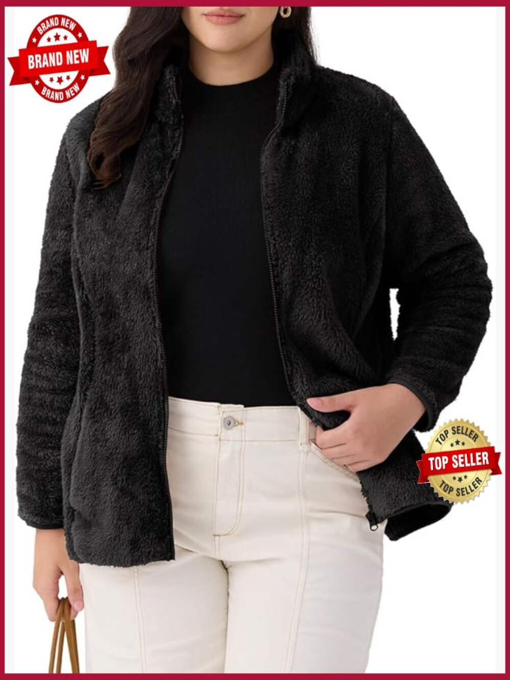 Plus Size Fuzzy Jacket Women Full Zip Fleece Coat Sherpa Long Sleeve Fall